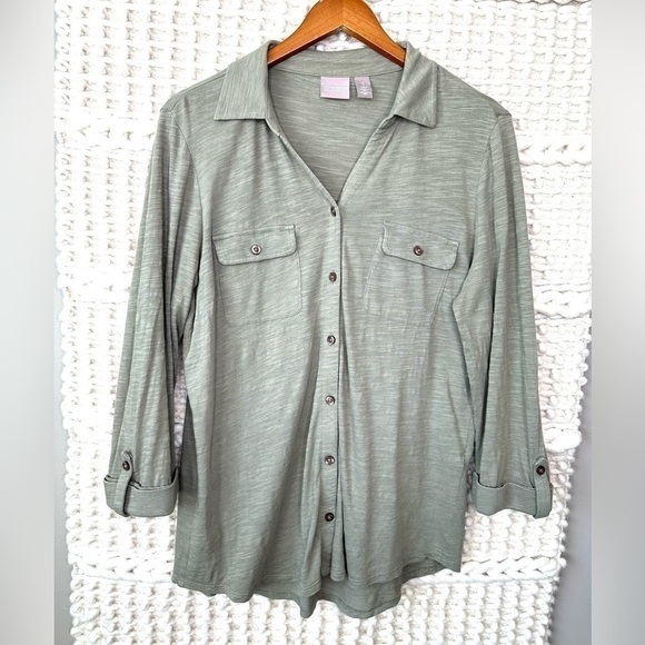 Chico’s Green Button Down Cargo Shirt - Picture 1 of 5
